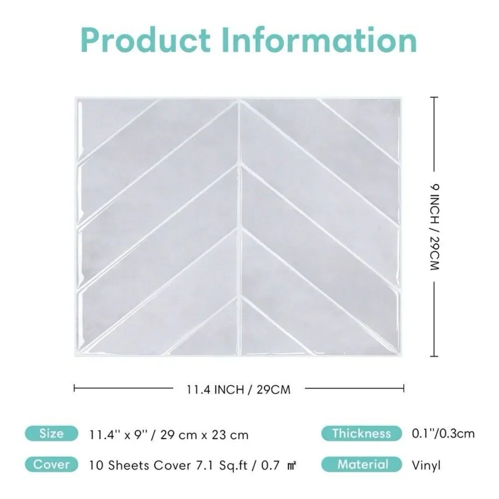 10pcs Herringbone Peel & Stick Self Adhesive Vinyl Wall Backsplash Tile 11.4”x9”